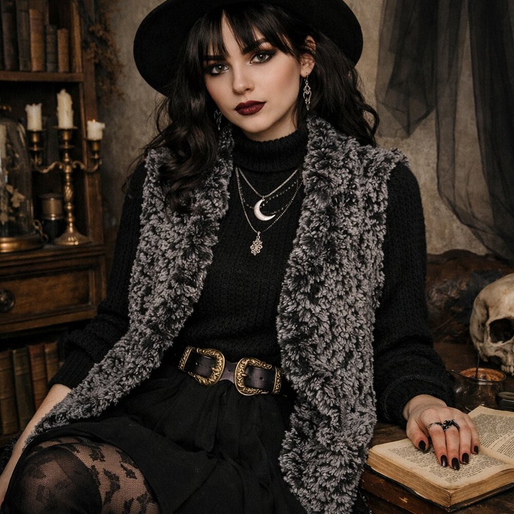 Whimsigoth Faux Fur Draped Vest – Dark Academia Gothic Layering Piece